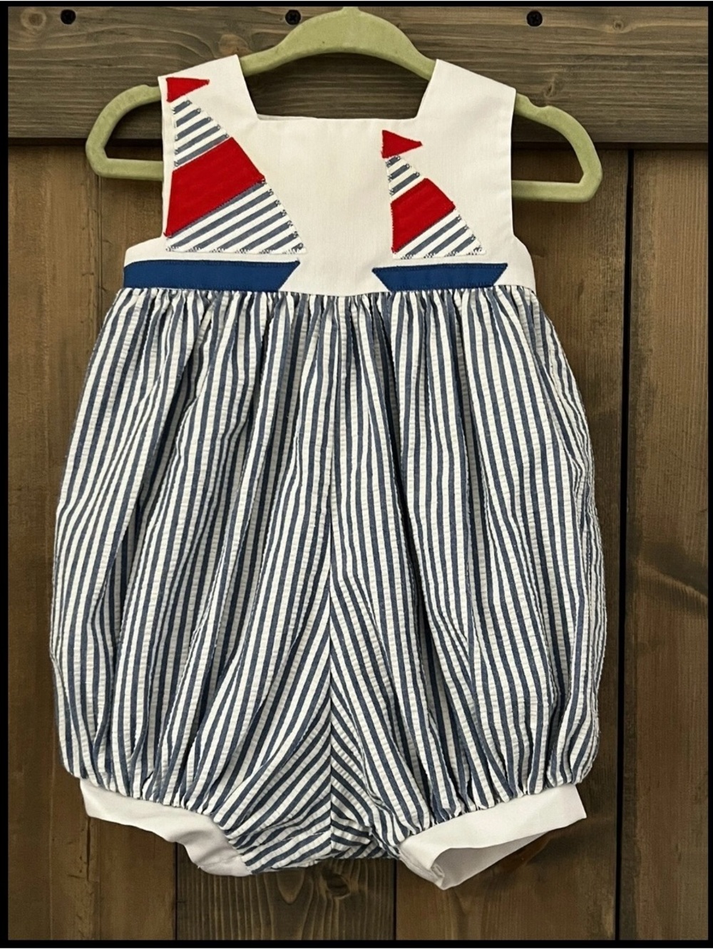 Vintage Boy Sail Boat Summer Bubble Romper M 6 Months Sylvia Whyte Blue White LN